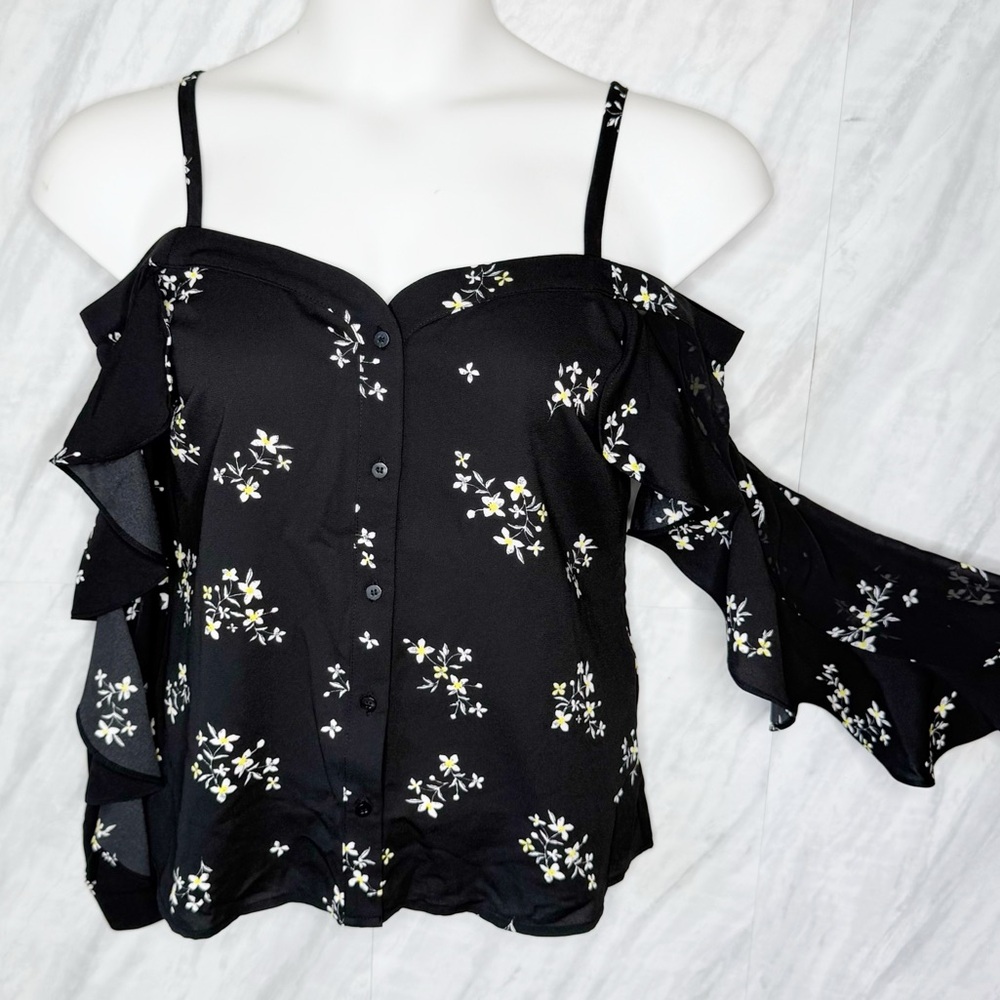 Bar III Black Flutter Sleeve Blouse with Ruffled Neckline